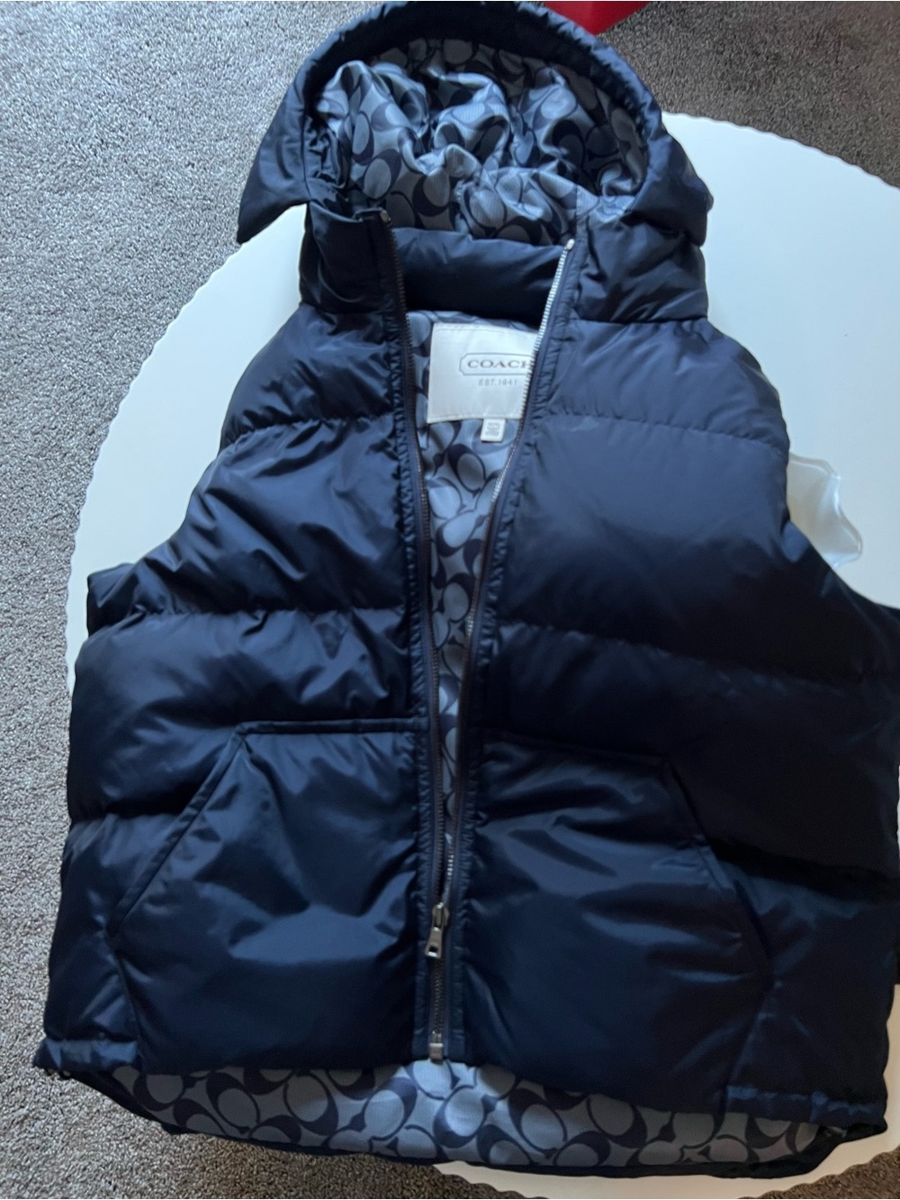 Coach Navy Hooded Puffer Vest with Signature Print Lining